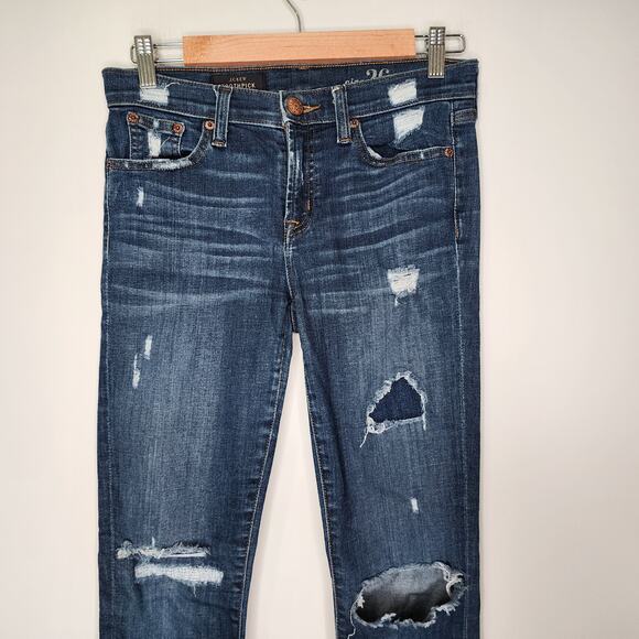 J. Crew Toothpick Skinny Jeans Dark Wash Mid Rise Patched Distressed 26 - Picture 2 of 9